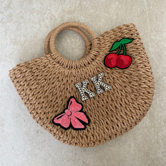 Personalised ADA Bow & Cherry Straw Half Moon Semi Circle Basket Drawstring Bag