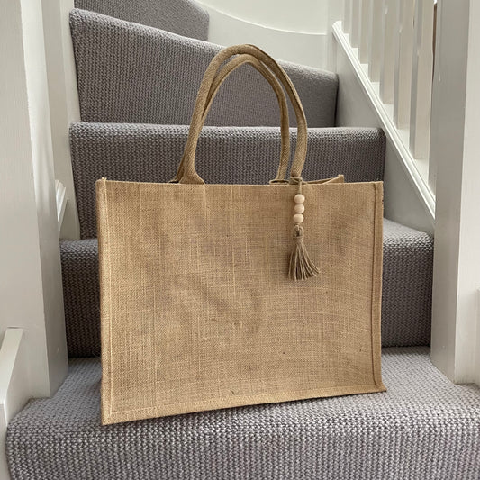 Personalised Square Jute Tassel Shoulder Beach Shopper Tote Bag
