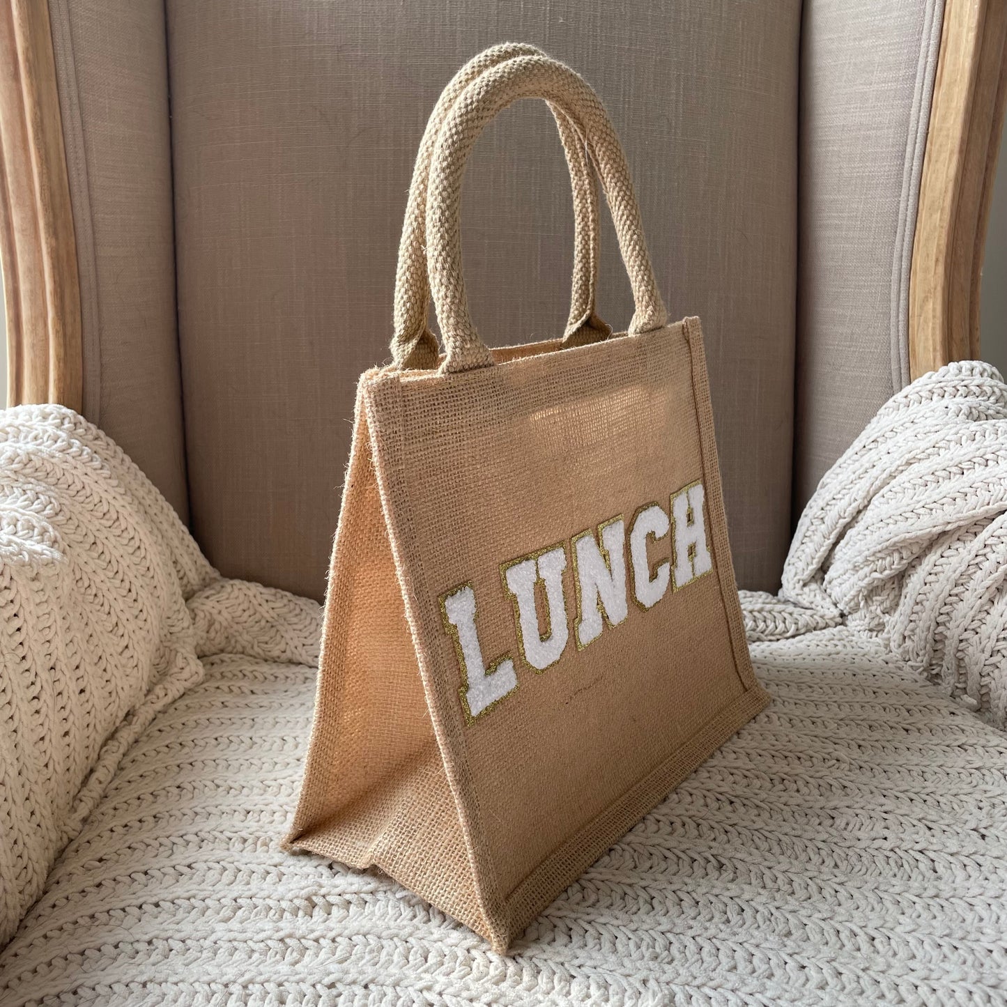 Personalised Patch 5 Letters Square Jute Lunch Bridesmaid Top Handle Gift Bag