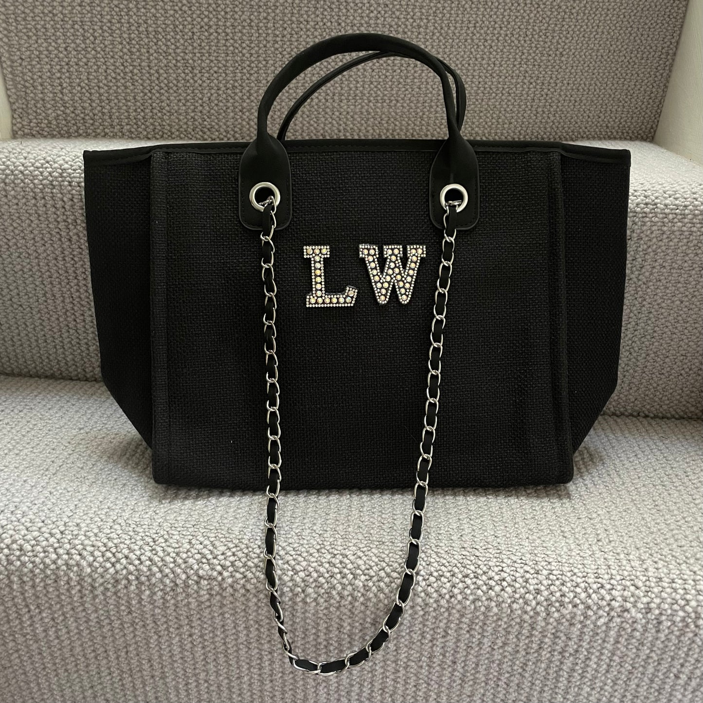 Personalised Silver Black Pearl Patch Chain Large Initial Tote Bags