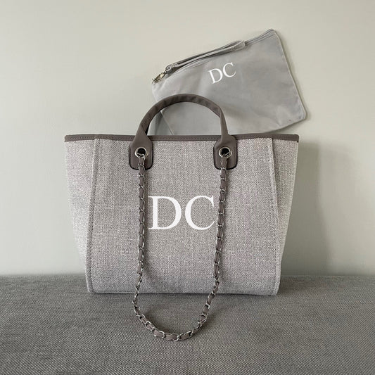 Personalised Grey Chain Large Initial Tote Bags