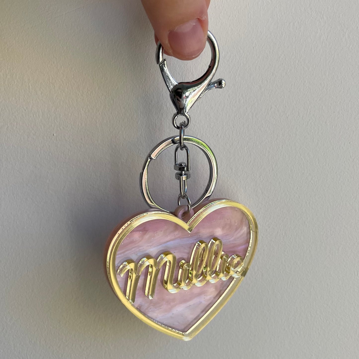 Personalised Heart Acrylic Glitter key chains key rings bag charm