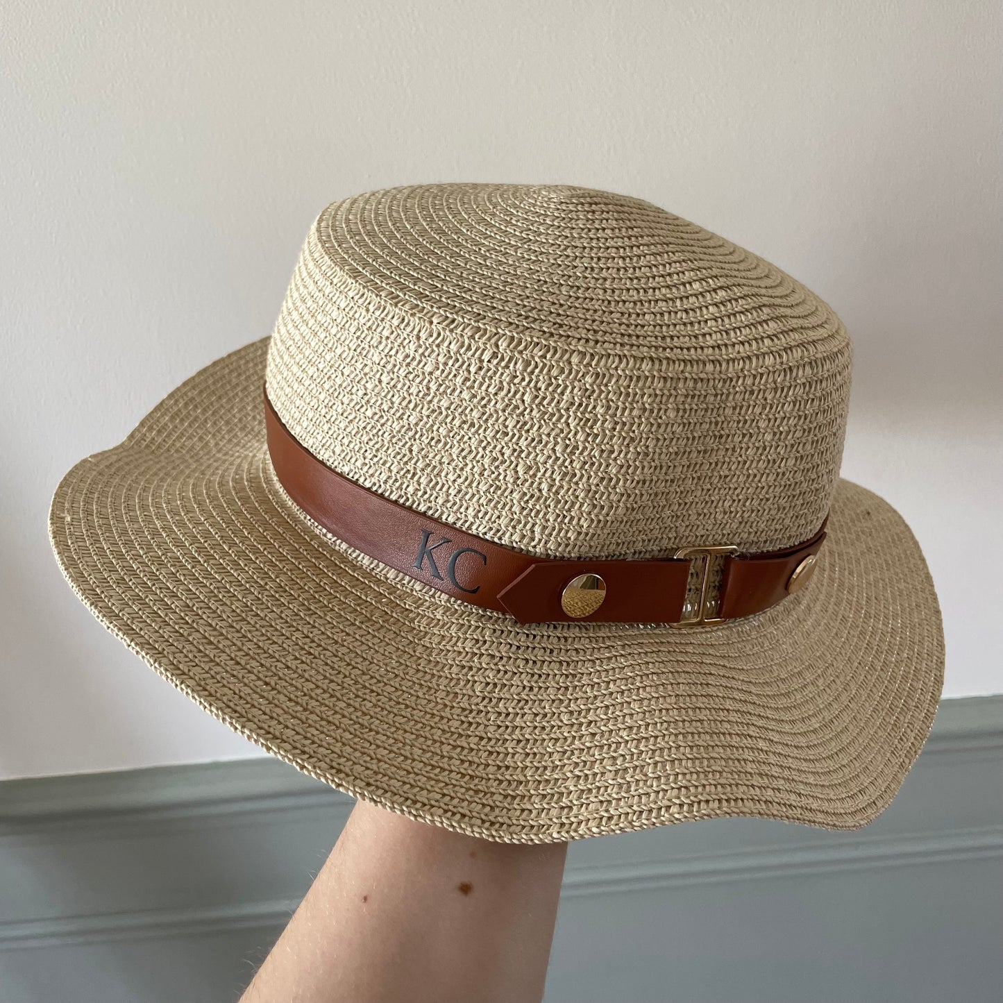 Personalised Initial Faux Leather Monogram Beach Summer Sun Hat Straw Hat