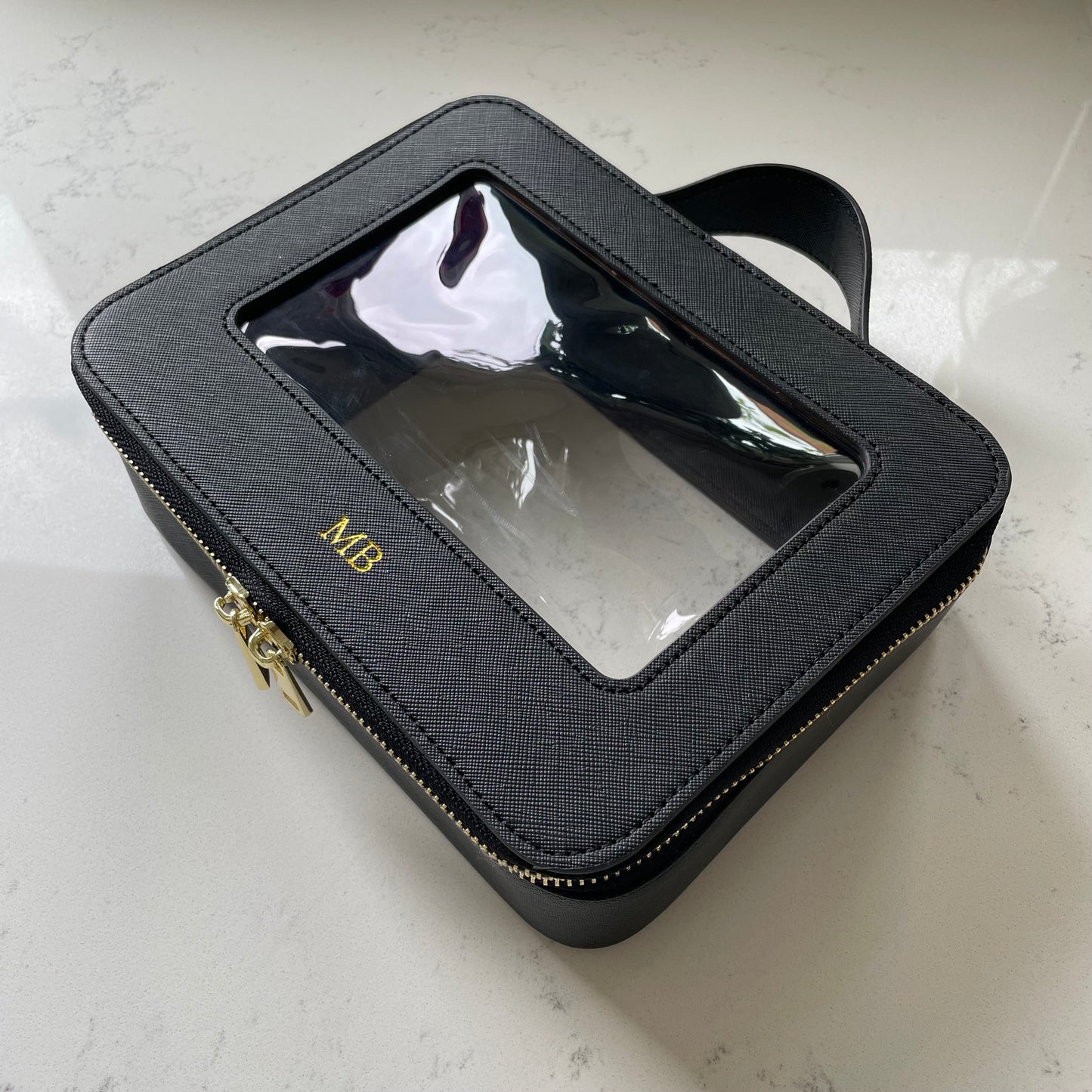 Personalised Black Fine Grain Saffiano Leather Clear Panel Makeup Carry Case