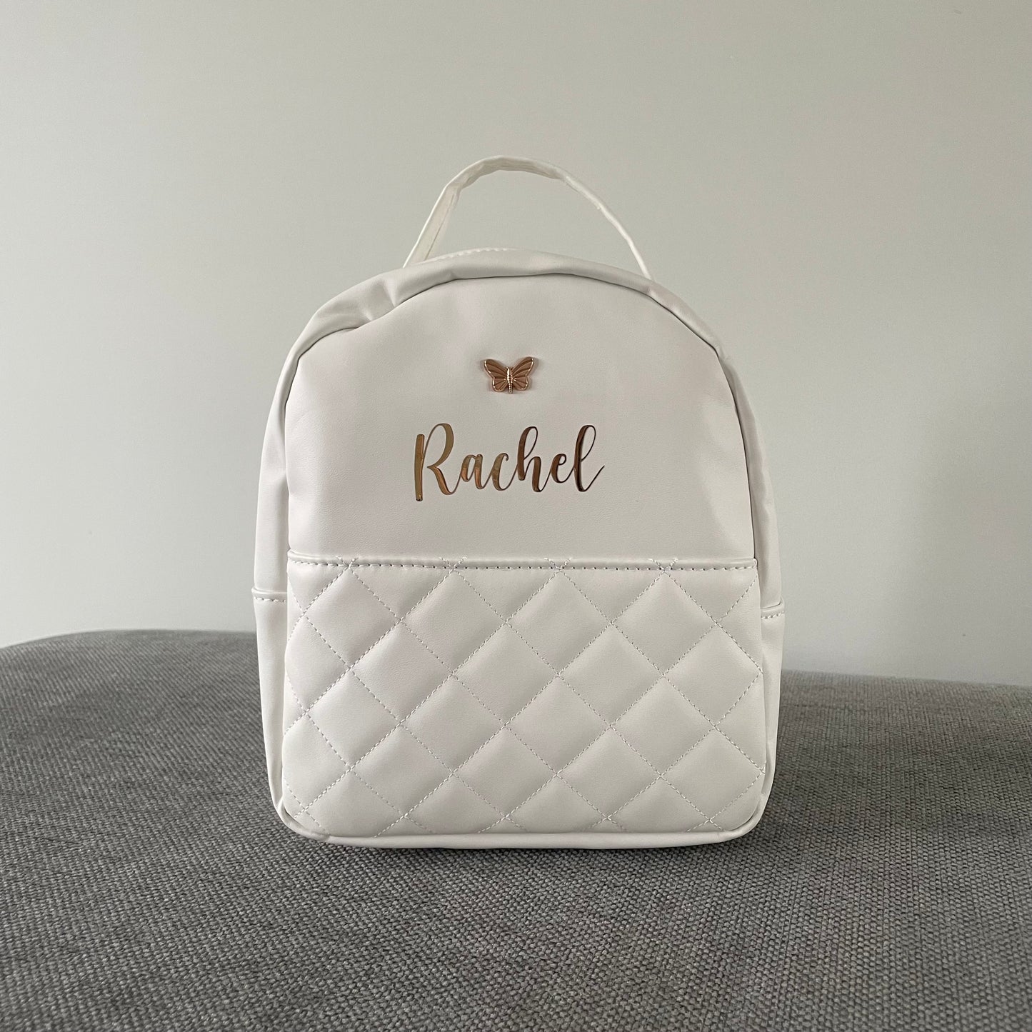 Personalised Childrens White Quilted Butterfly Small Backpack