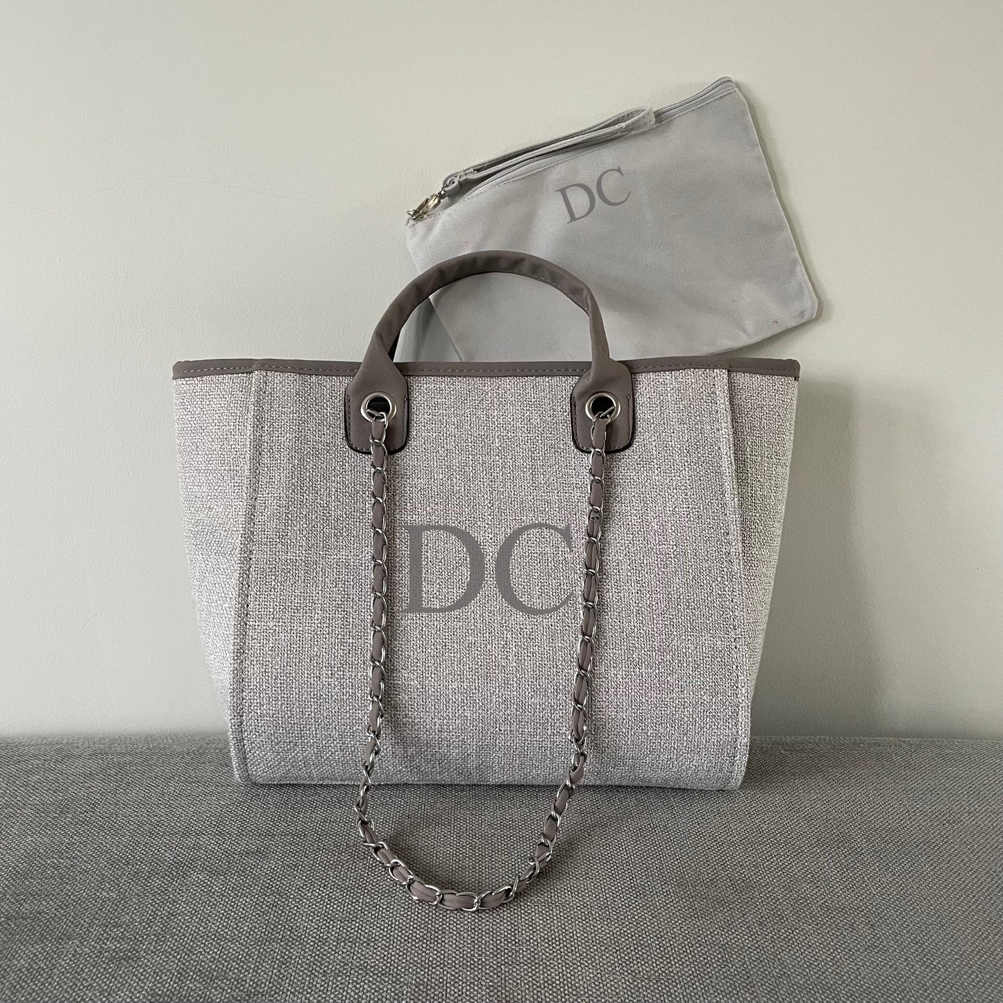 Personalised Grey Chain Large Initial Tote Bags