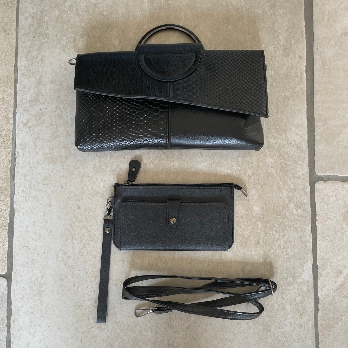 Personalised Black Embossed Textured Cross Body Bag & Purse Purse Set