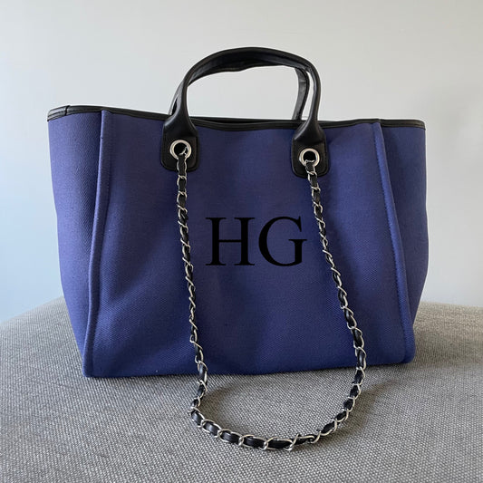 Personalised Navy & Black Large Chain Initial Tote Bag