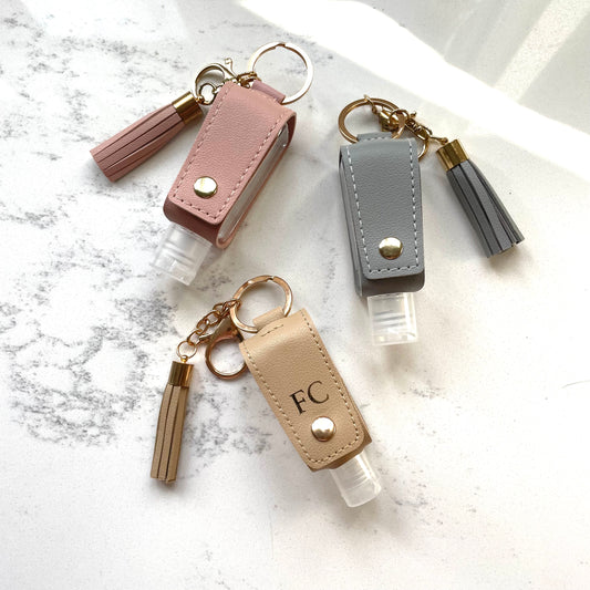 Personalised Faux Leather Hand Sanitiser Tassel Key Charms