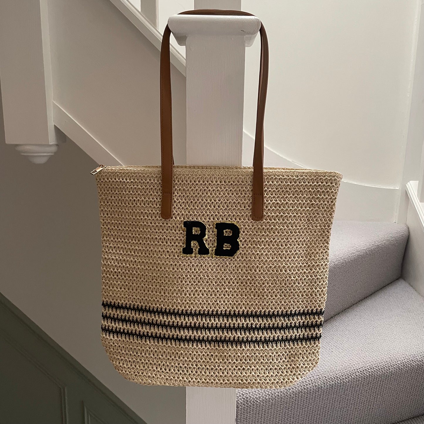 Personalised Patch Black Stripe Bow Zip Tote Bag