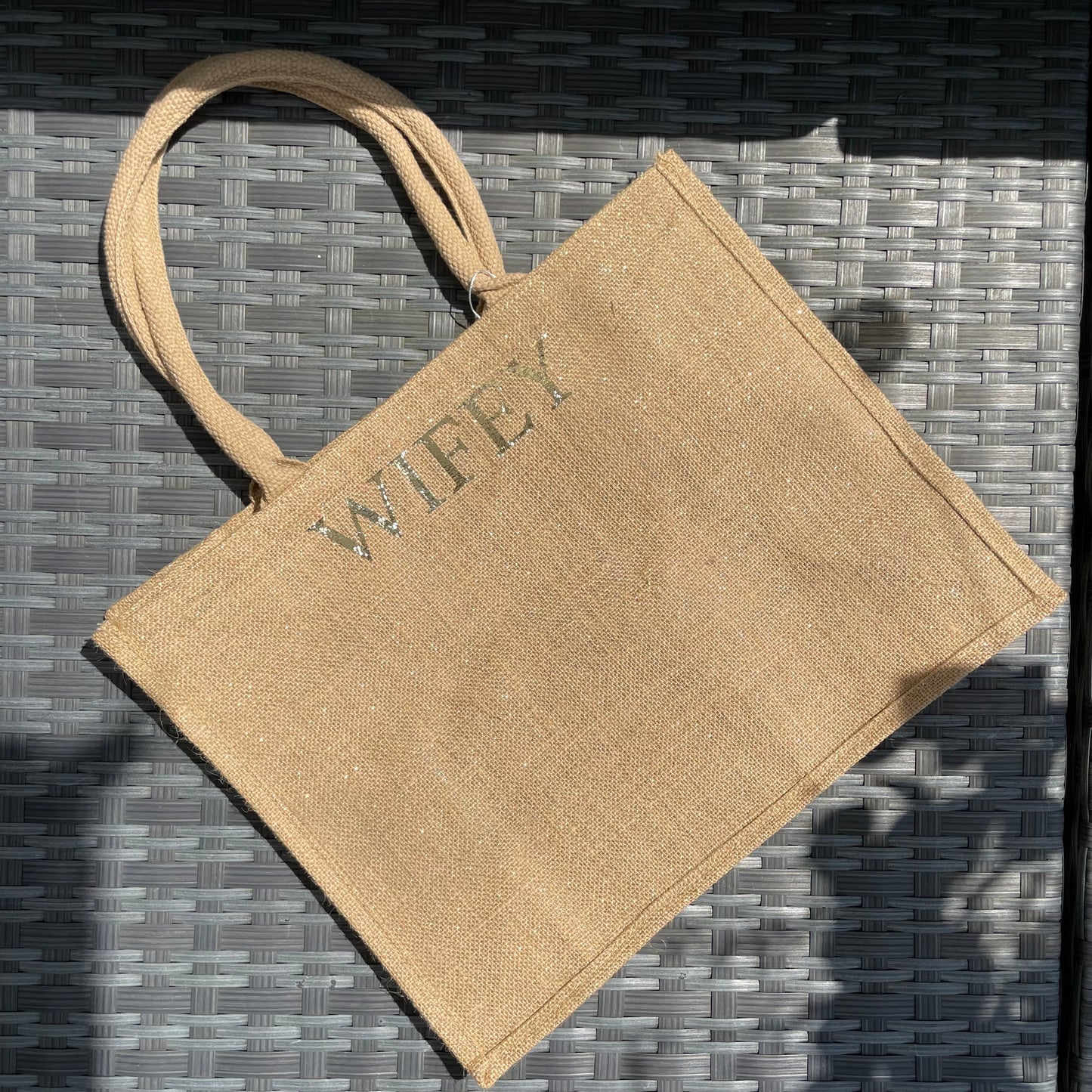 WIFEY Square Gold Reflective Jute Shoulder Beach Shopper Tote Bag