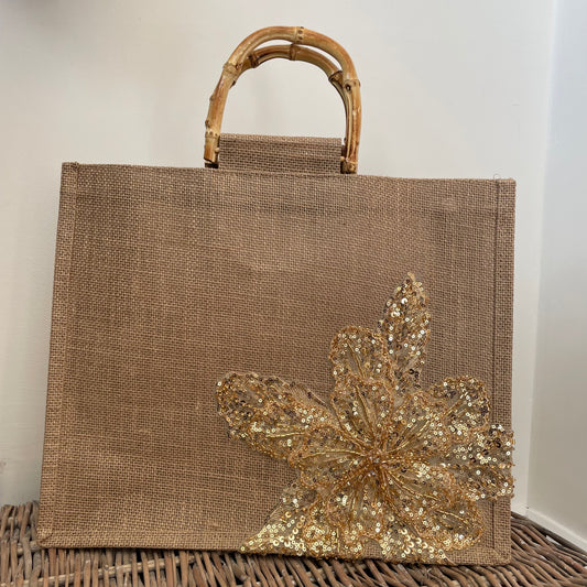 Bamboo Handle Flower Tote Bag