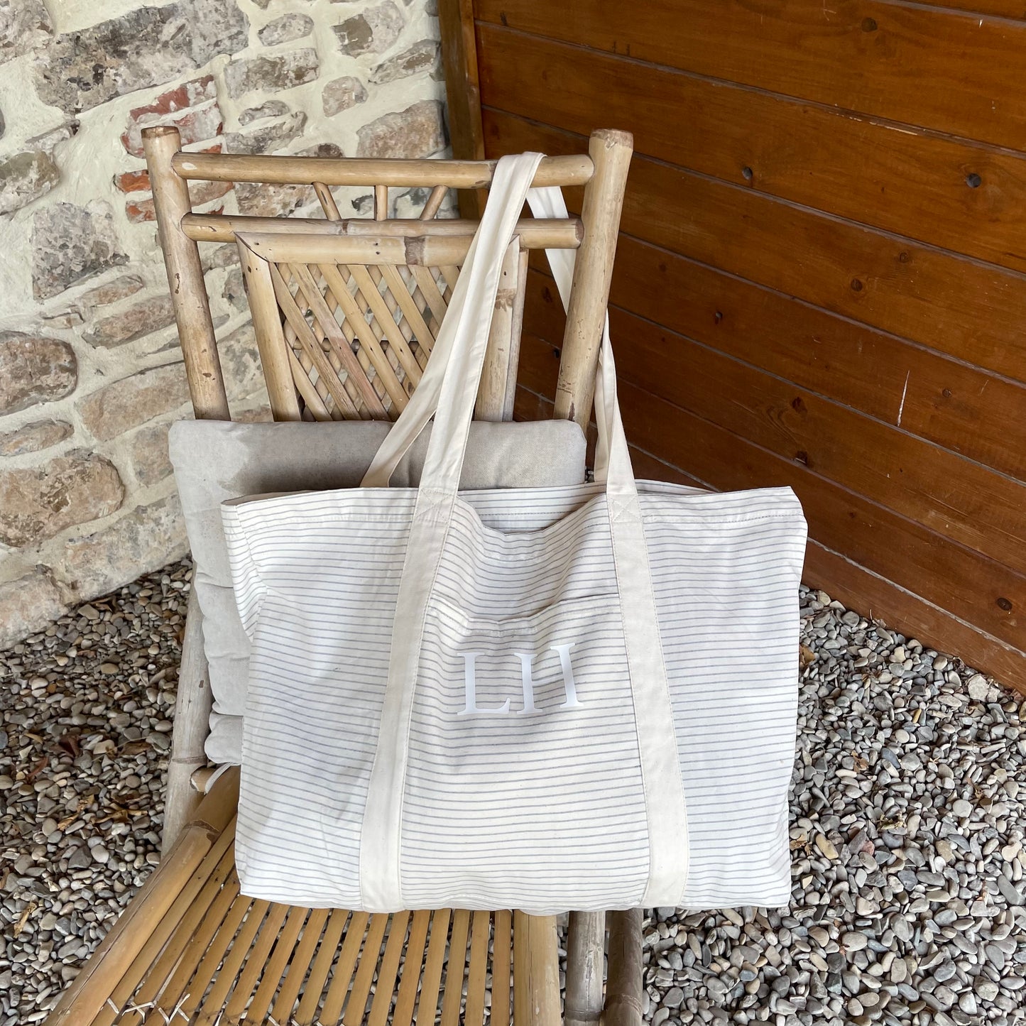 Personalised Cotton Pinstripe Tote Beach Shoulder Bag