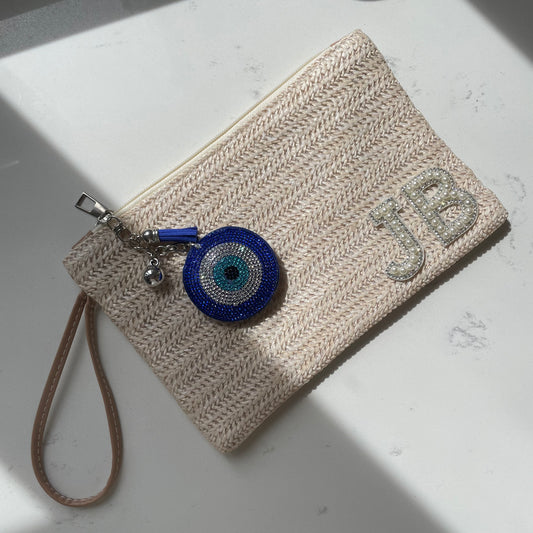 Personalised Straw Patch Pouch Wristlet Clutch Bag