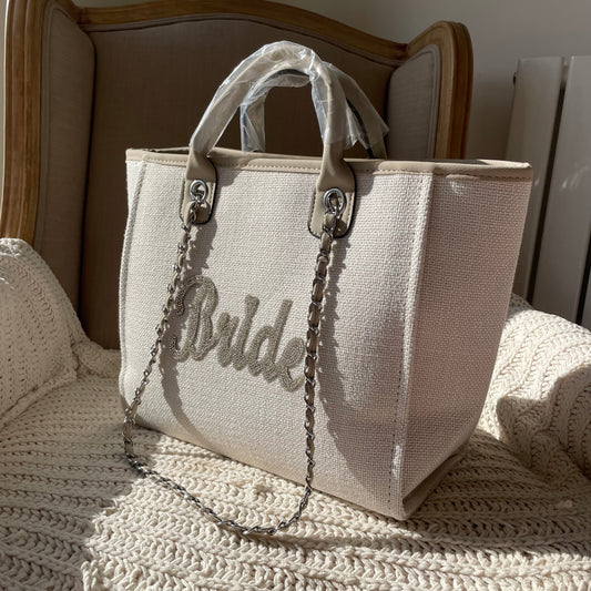 Bride Stone Large Chain Initial Tote Bags