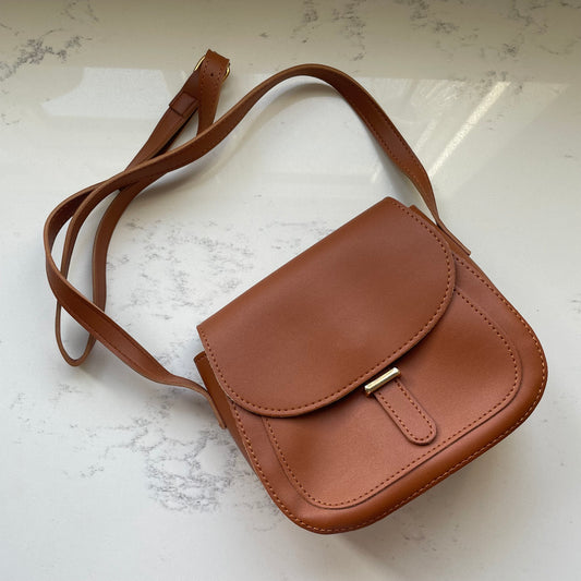 Personalised brown faux leather saddle cross body bag