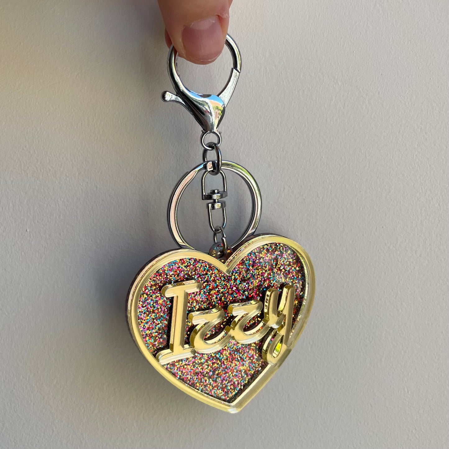 Personalised Heart Acrylic Glitter key chains key rings bag charm