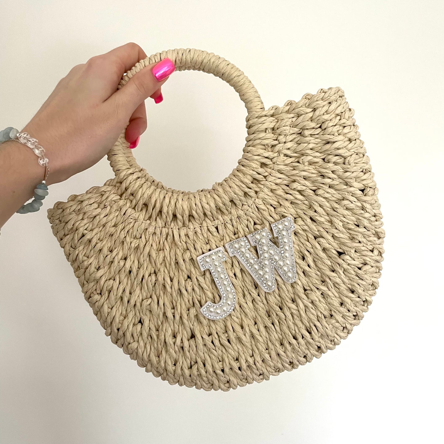 Personalised Mini ADA Patch Straw Half Moon Semi Circle Basket Drawstring Bag