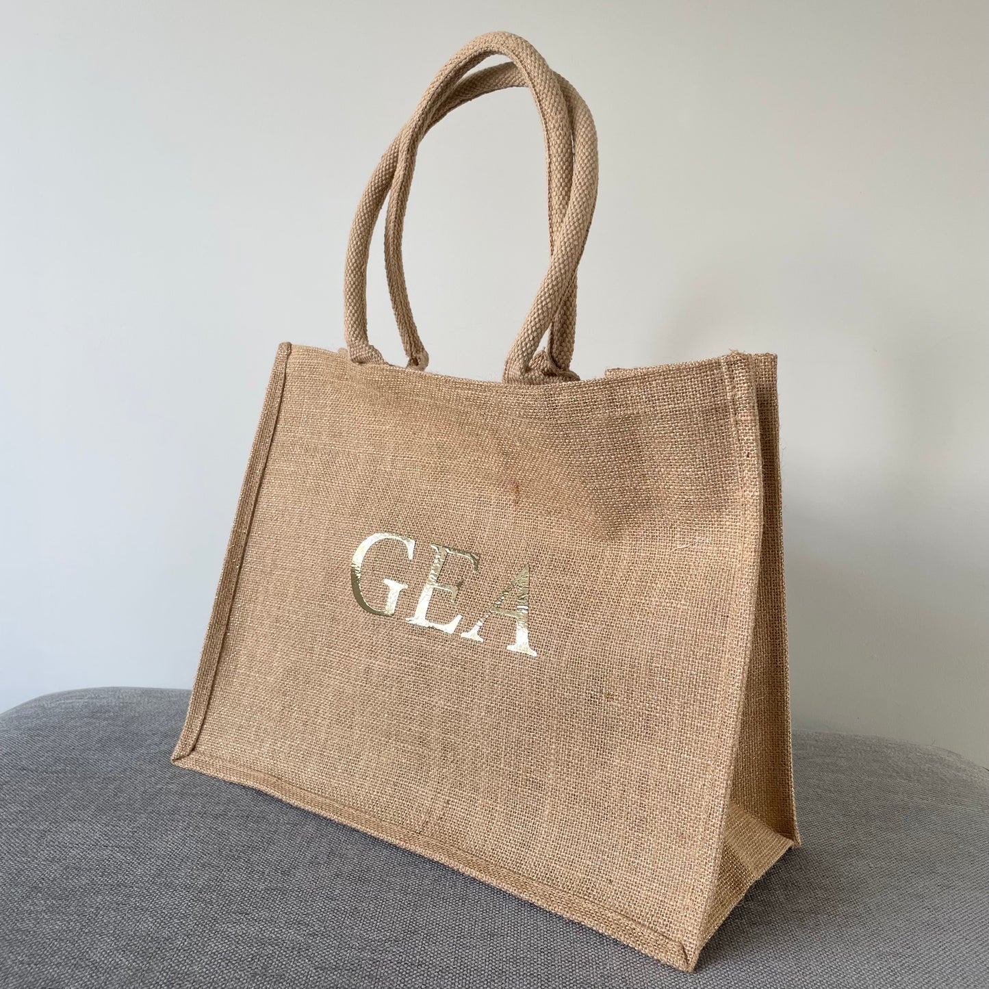 Personalised Square Gold Reflective Jute Shoulder Beach Shopper Tote Bag