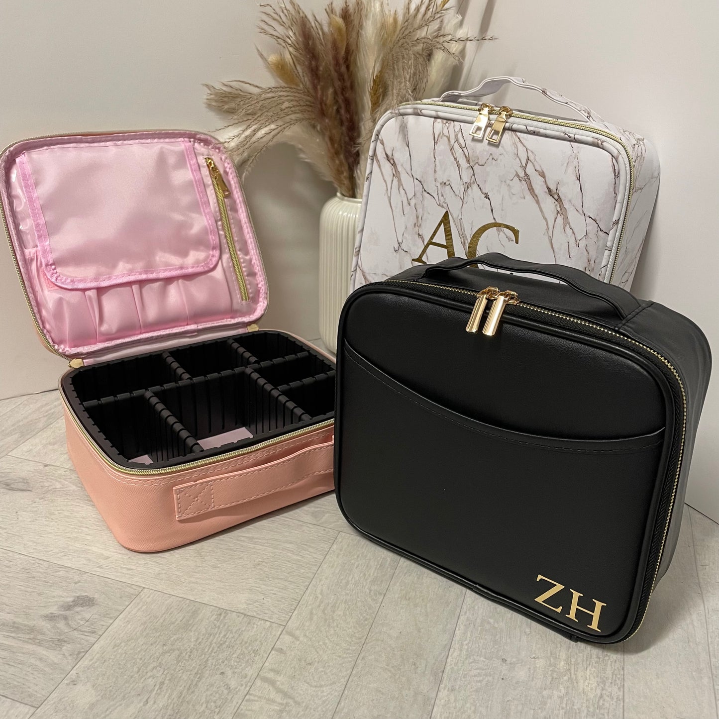 Personalised Vegan Saffiano Leather Vanity Makeup Toiletry Electronics Tech Carry Case Cosmetic Organiser Bag