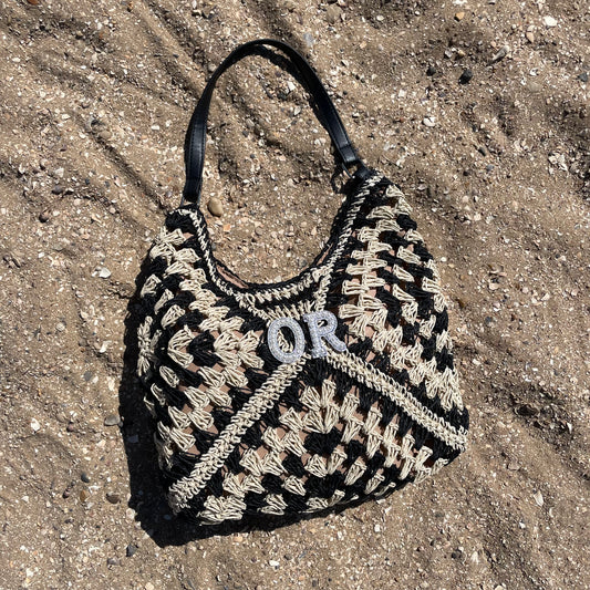 Personalised Cream & Black Crotchet Shoulder Tote Bag