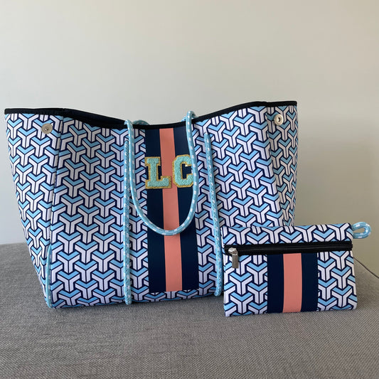 Personalised Geometric Neoprene Patch Blue Stripe Tote Bag & Pouch