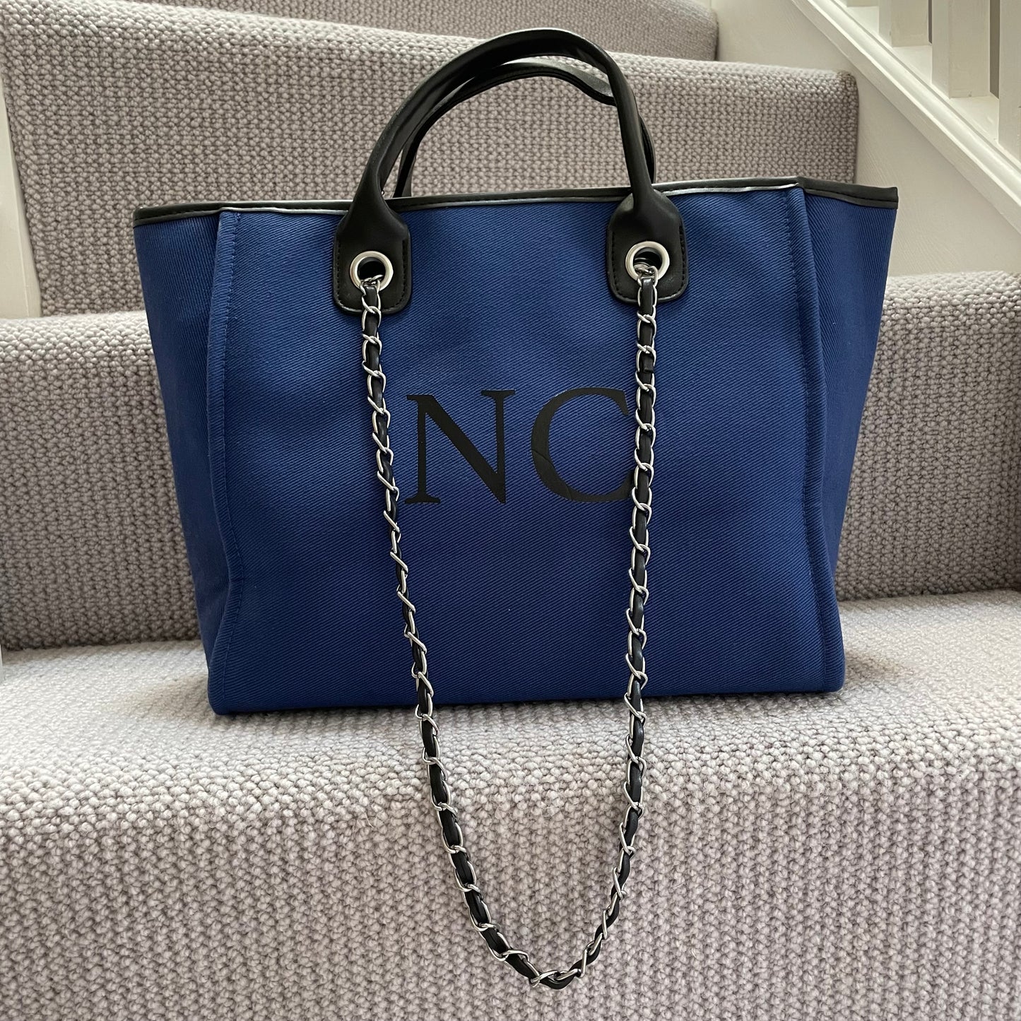 Personalised Navy & Black Large Chain Initial Tote Bag