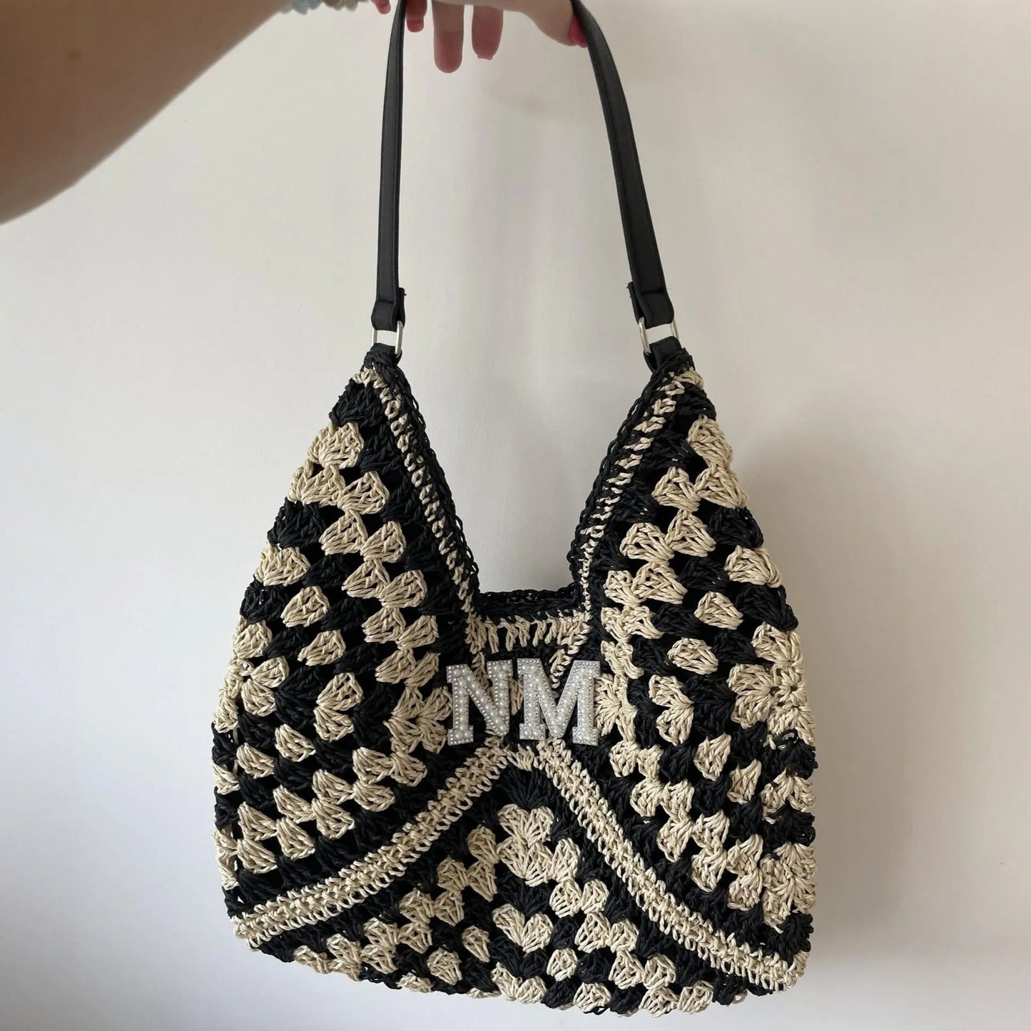 Personalised Cream & Black Crotchet Shoulder Tote Bag