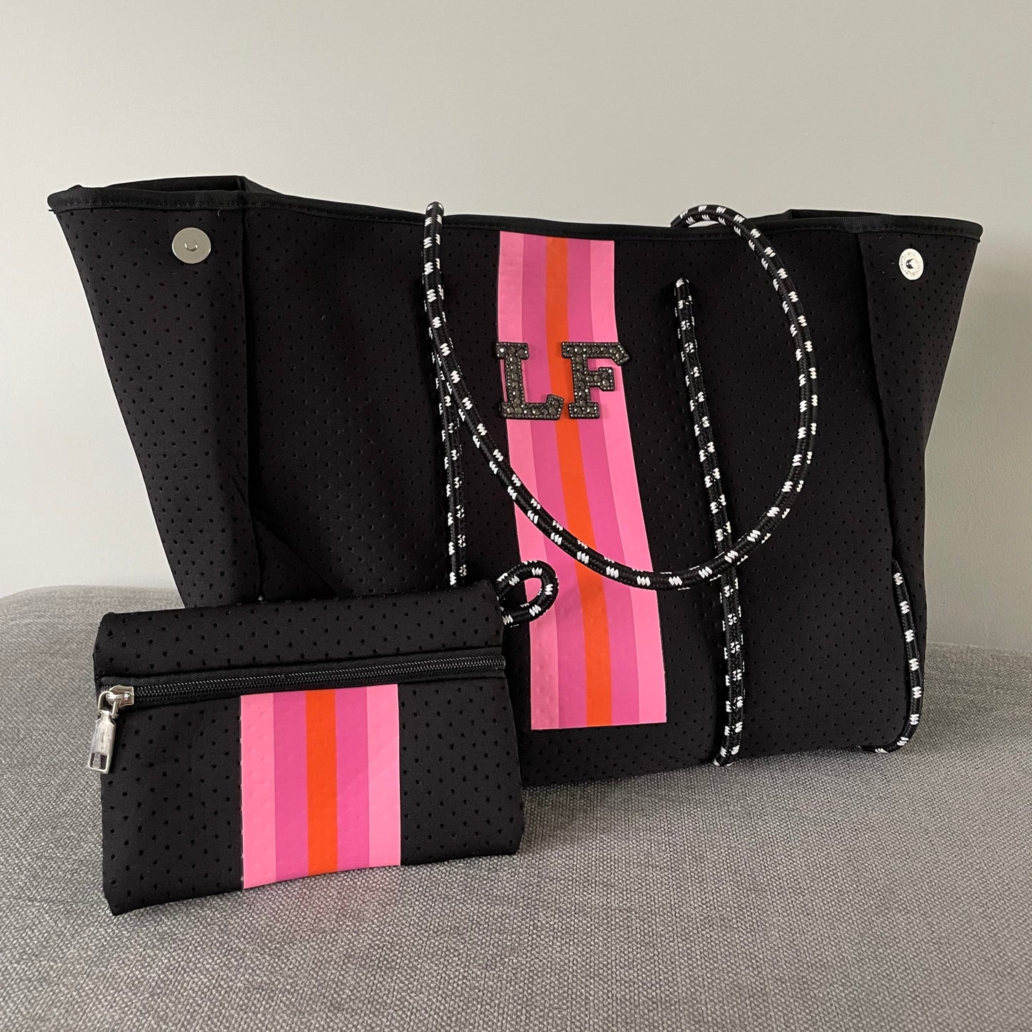 Personalised Black & Pink Stripe Neoprene Patch Tote Bag & Pouch