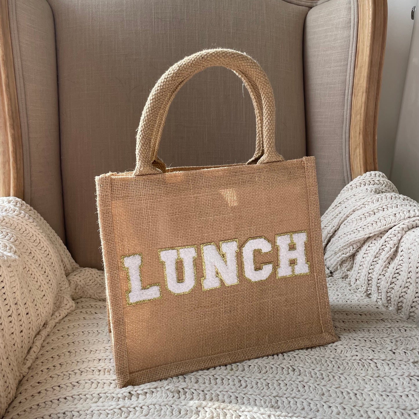 Personalised Patch 5 Letters Square Jute Lunch Bridesmaid Top Handle Gift Bag