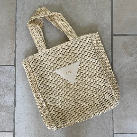 Personalised Triangle Straw & Faux Leather Tote Beach Bag
