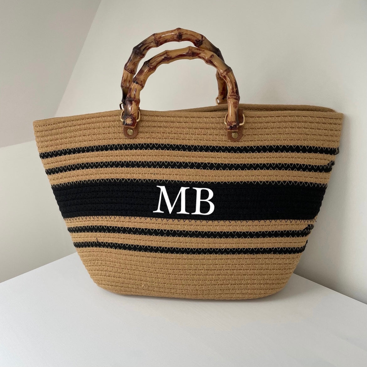 Personalised LENA Rope Stripe Bamboo Handle Tote Beach Bag