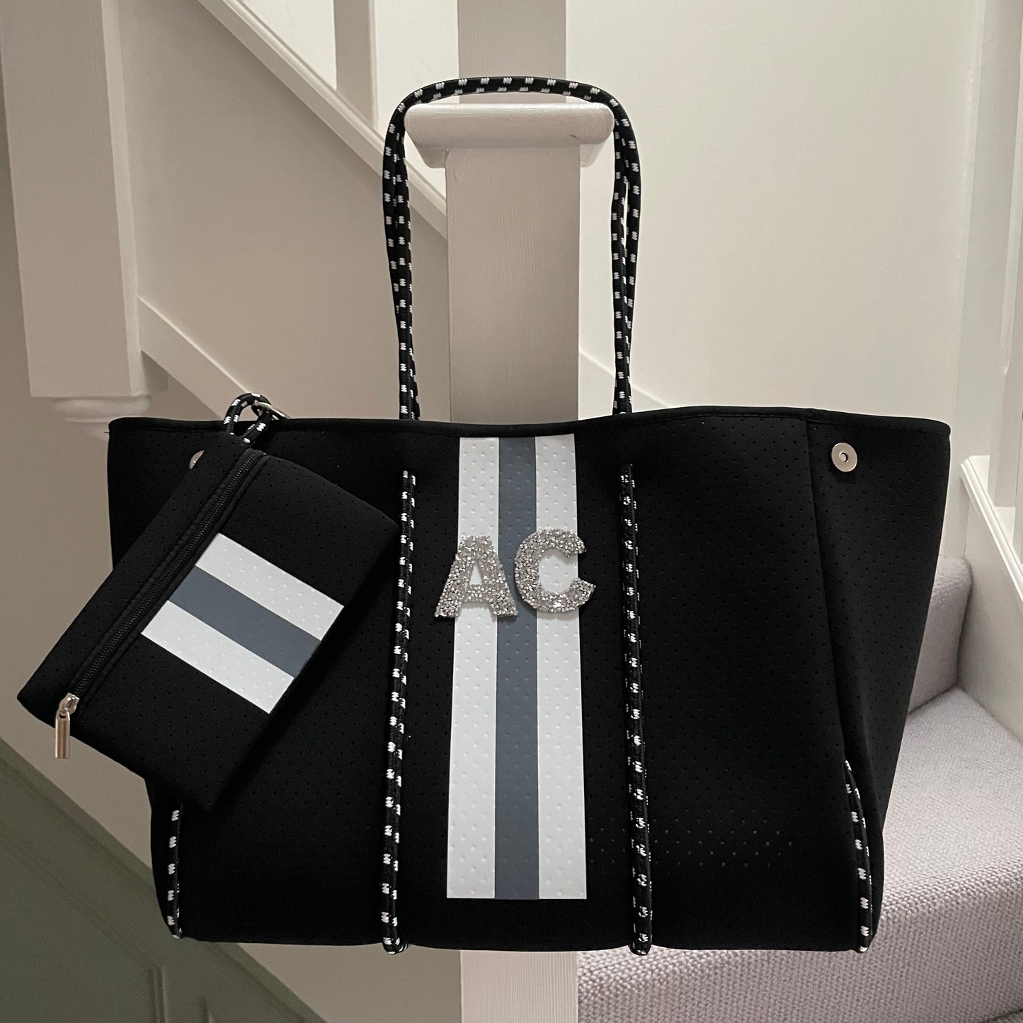 Personalised Neoprene Patch Black Stripe Tote Bag & Pouch