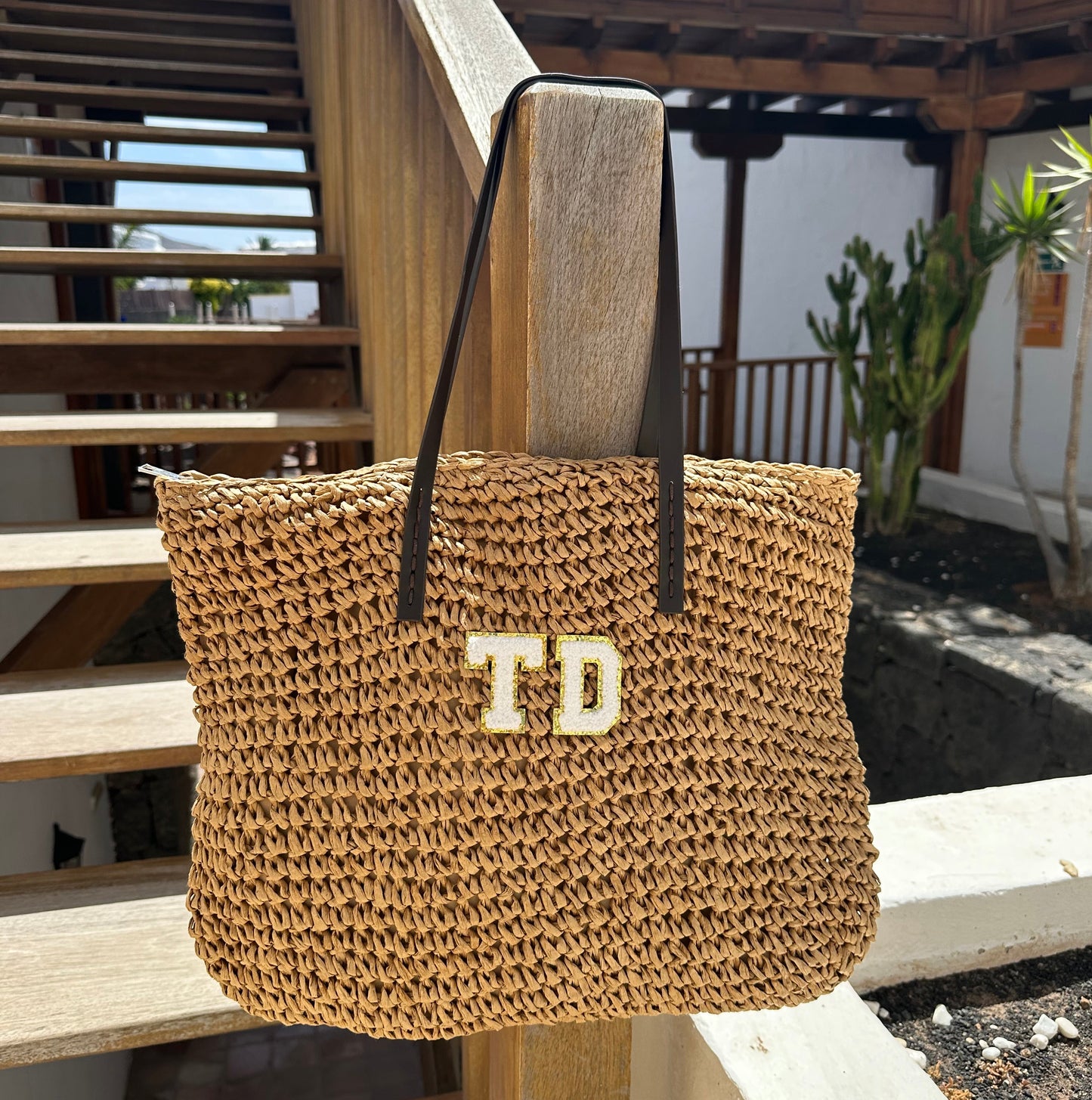 Personalised ASTRID Patch Straw Tote Beach Shoulder Bag