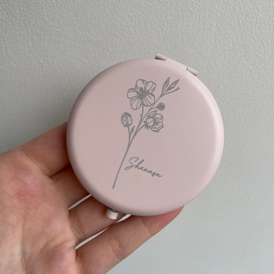 Personalised Engraved Pink Flower Pocket Mirror