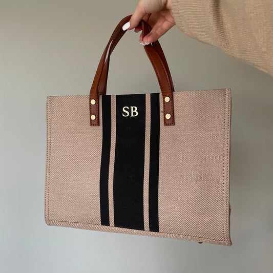 Personalised TEE Stripe Jute Tote Cross Body Bag
