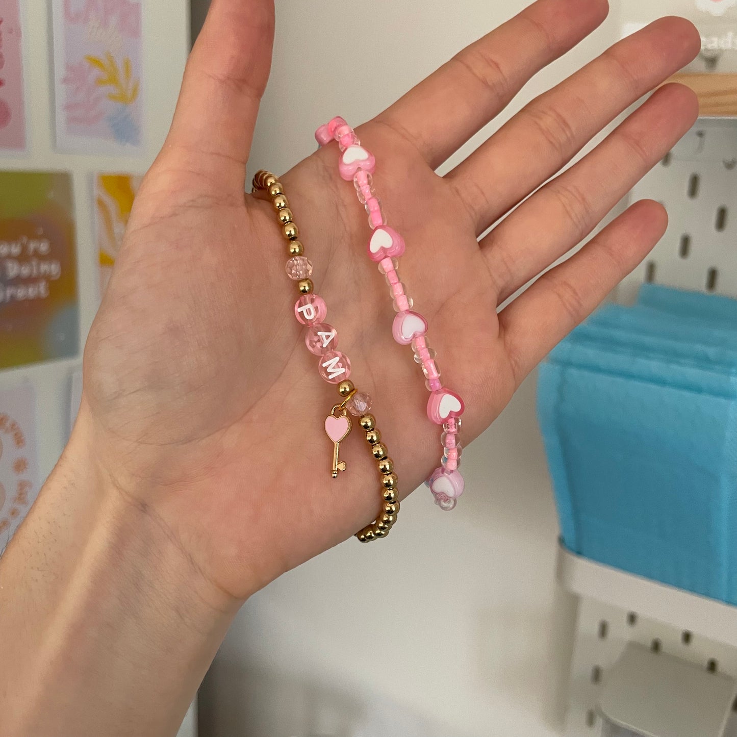 Set #27 Personalised Gold & Pink Bead Love Lock Name Bracelet Anklet