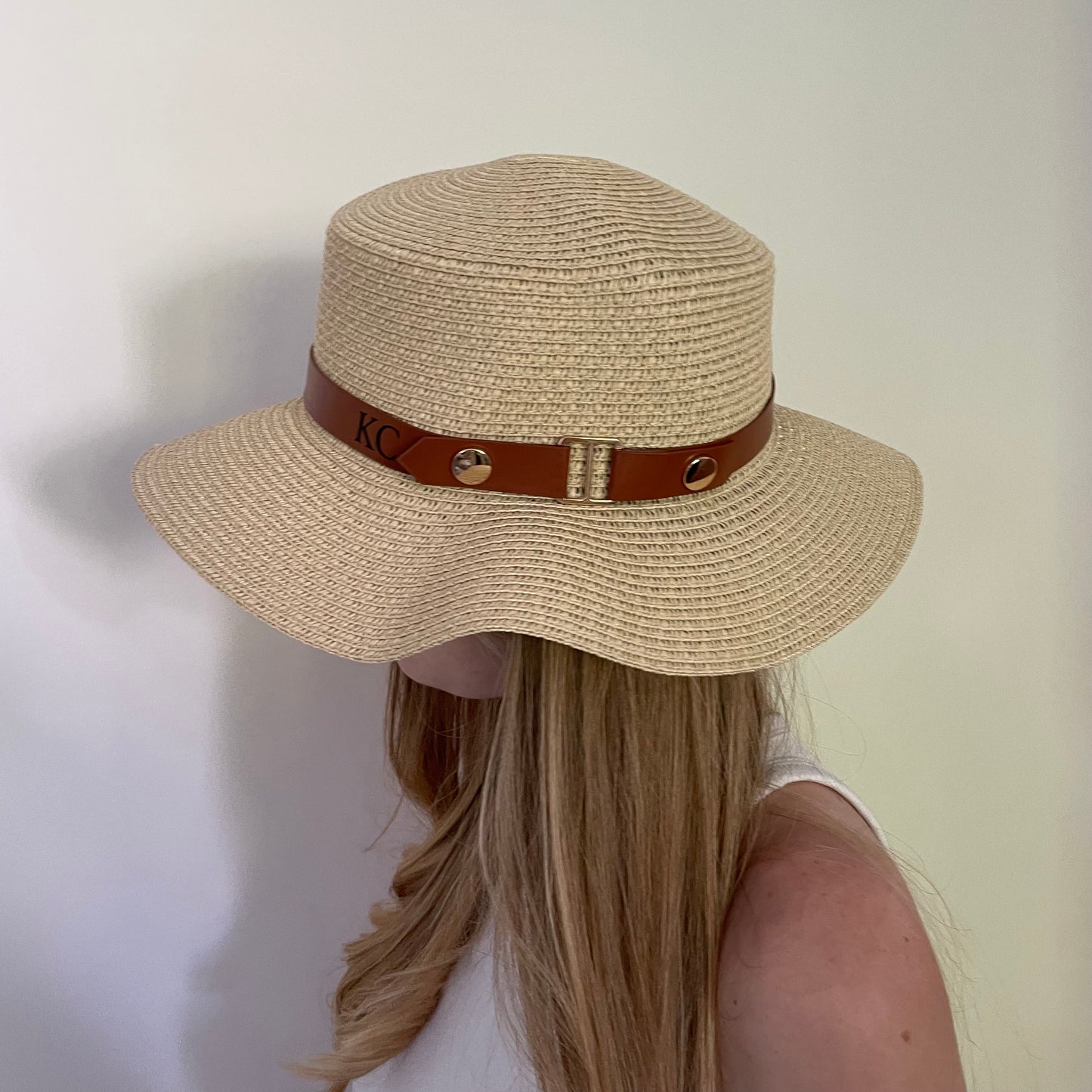 Personalised Initial Faux Leather Monogram Beach Summer Sun Hat Straw Hat