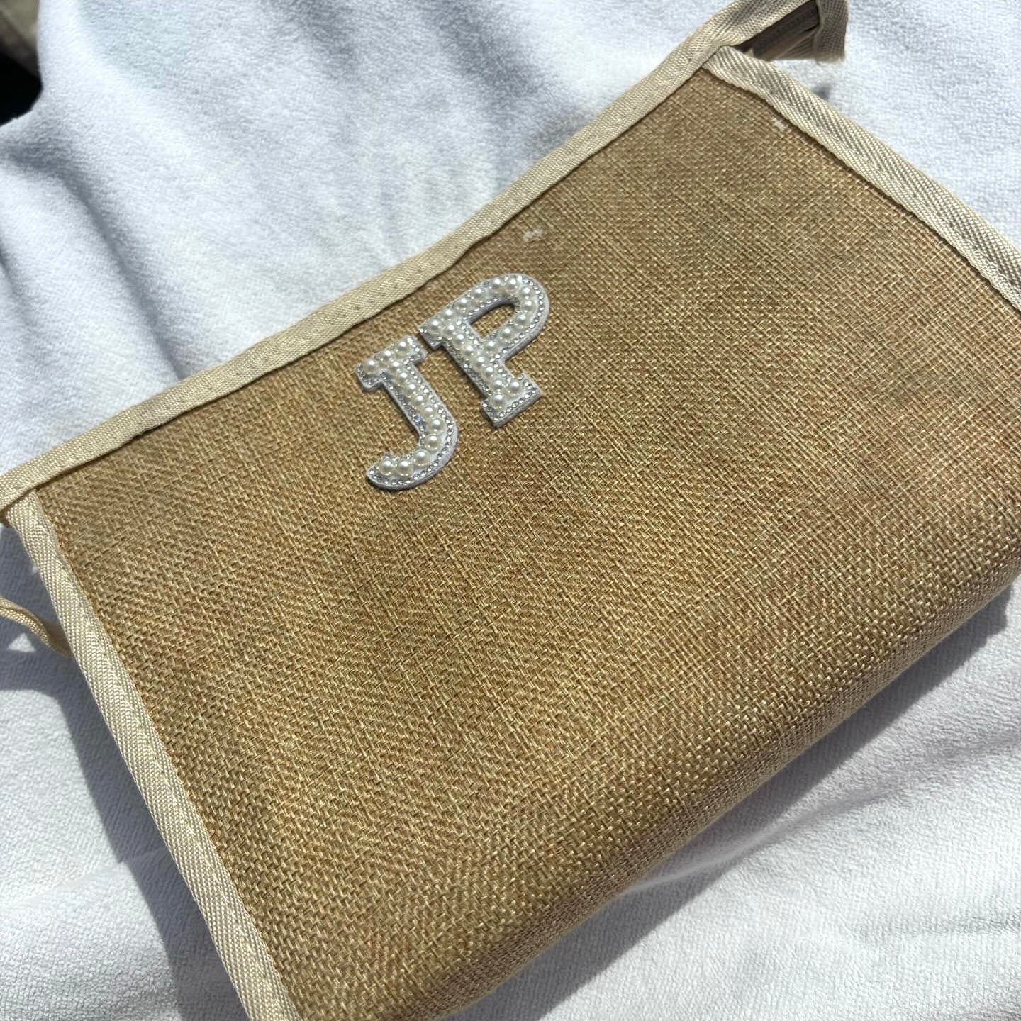 Personalised Patch Canvas Jute Clutch Pouch Makeup Bag