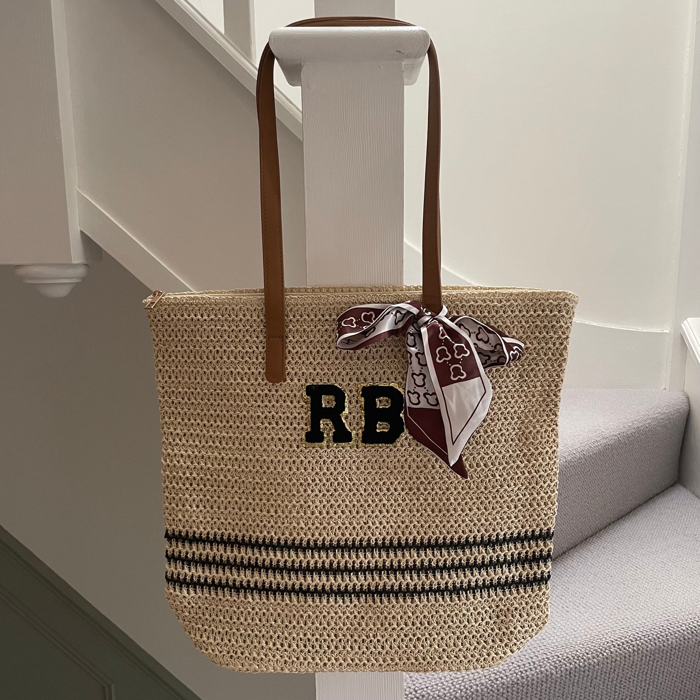 Personalised Patch Black Stripe Bow Zip Tote Bag