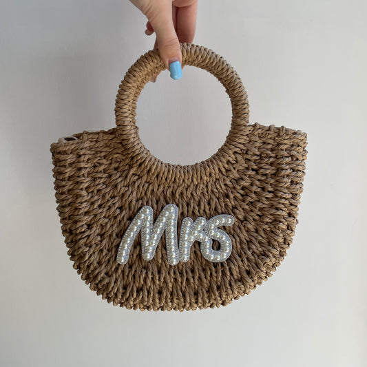 Mrs Pearl Straw Half Moon Semi Circle Basket Drawstring Bag