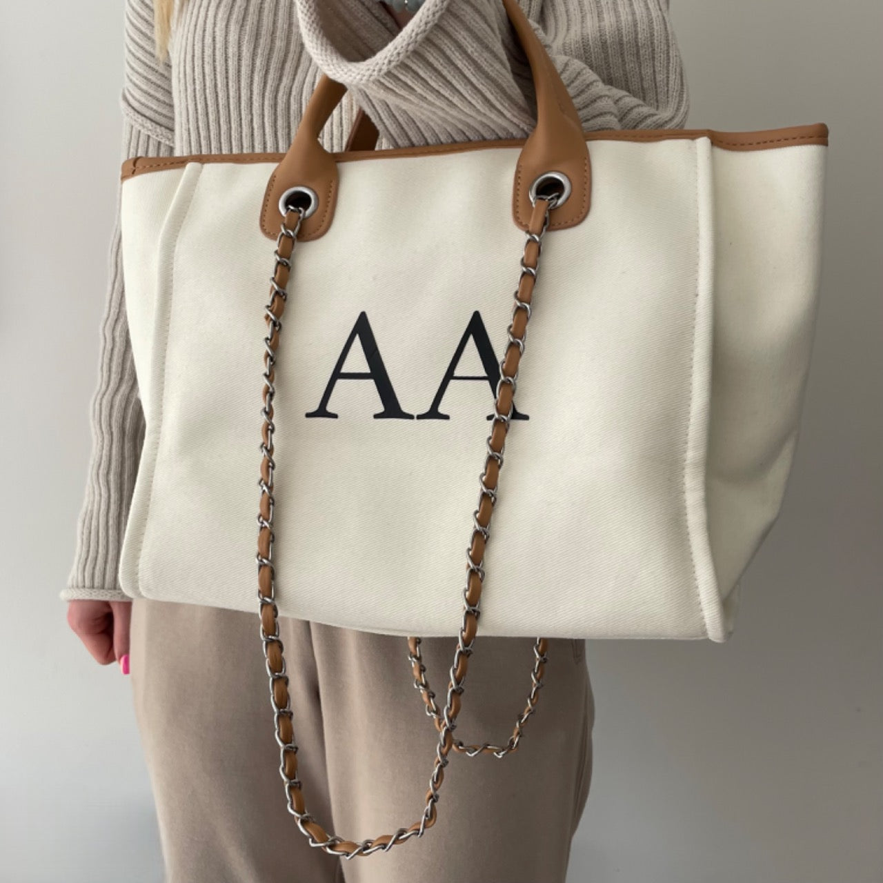 Personalised Cream & Tan Large Chain Initial Tote Bag