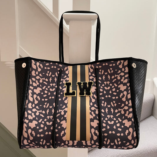 Personalised Black & Mink Neoprene Patch Tote Bag & Pouch