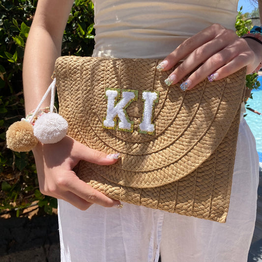 Personalised Straw Gold Pom Pom Bag
