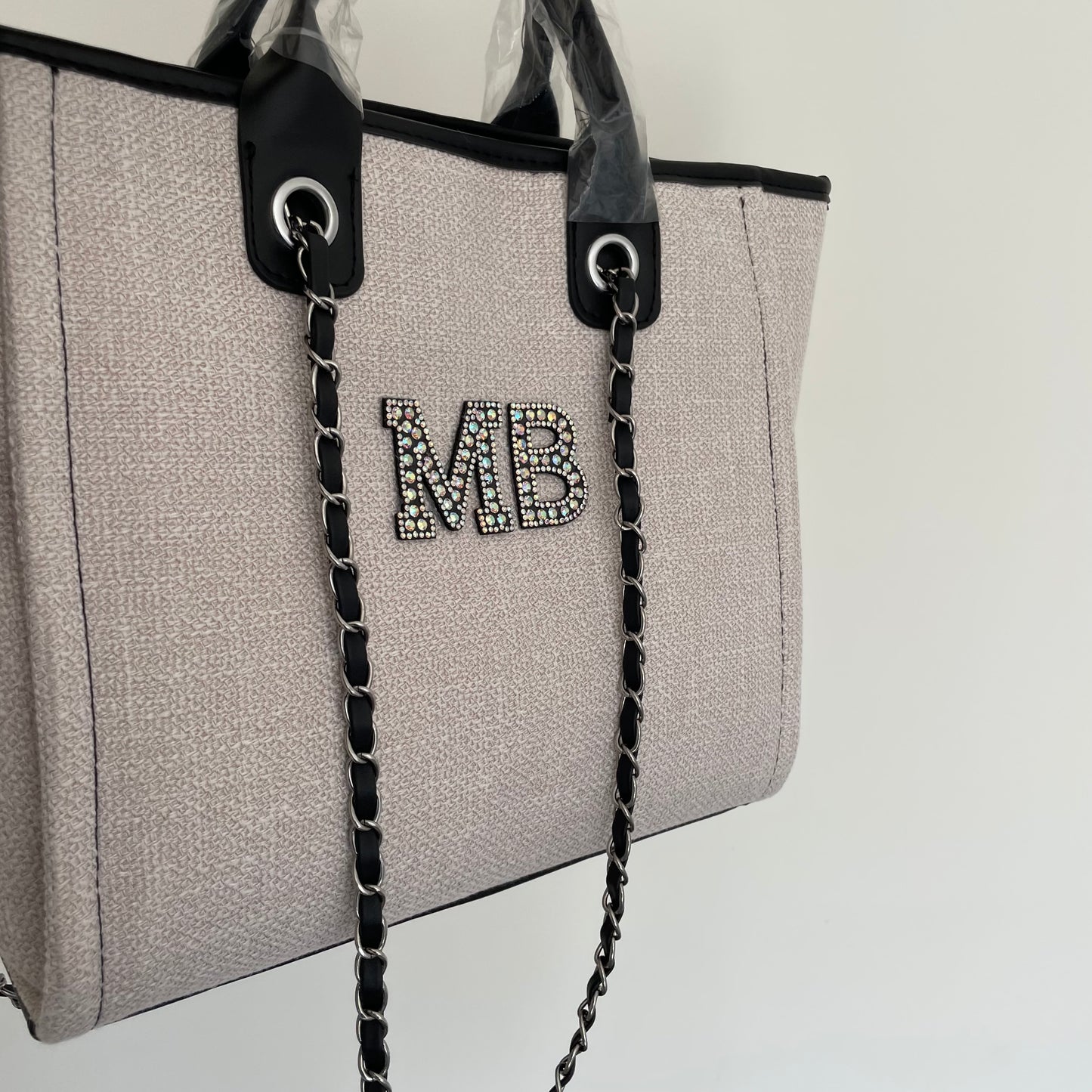 Personalised Silver Black Pearl Patch Chain Large Initial Tote Bags