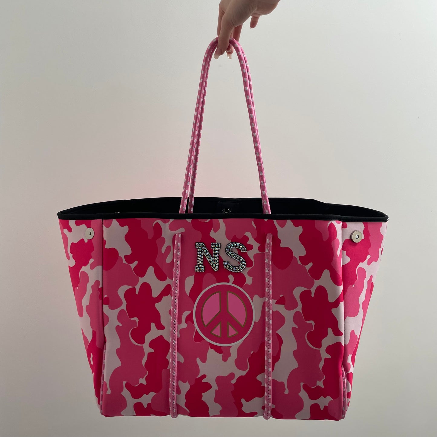 Personalised Pink Peace Camo Neoprene Patch Pink Tote Bag & Pouch