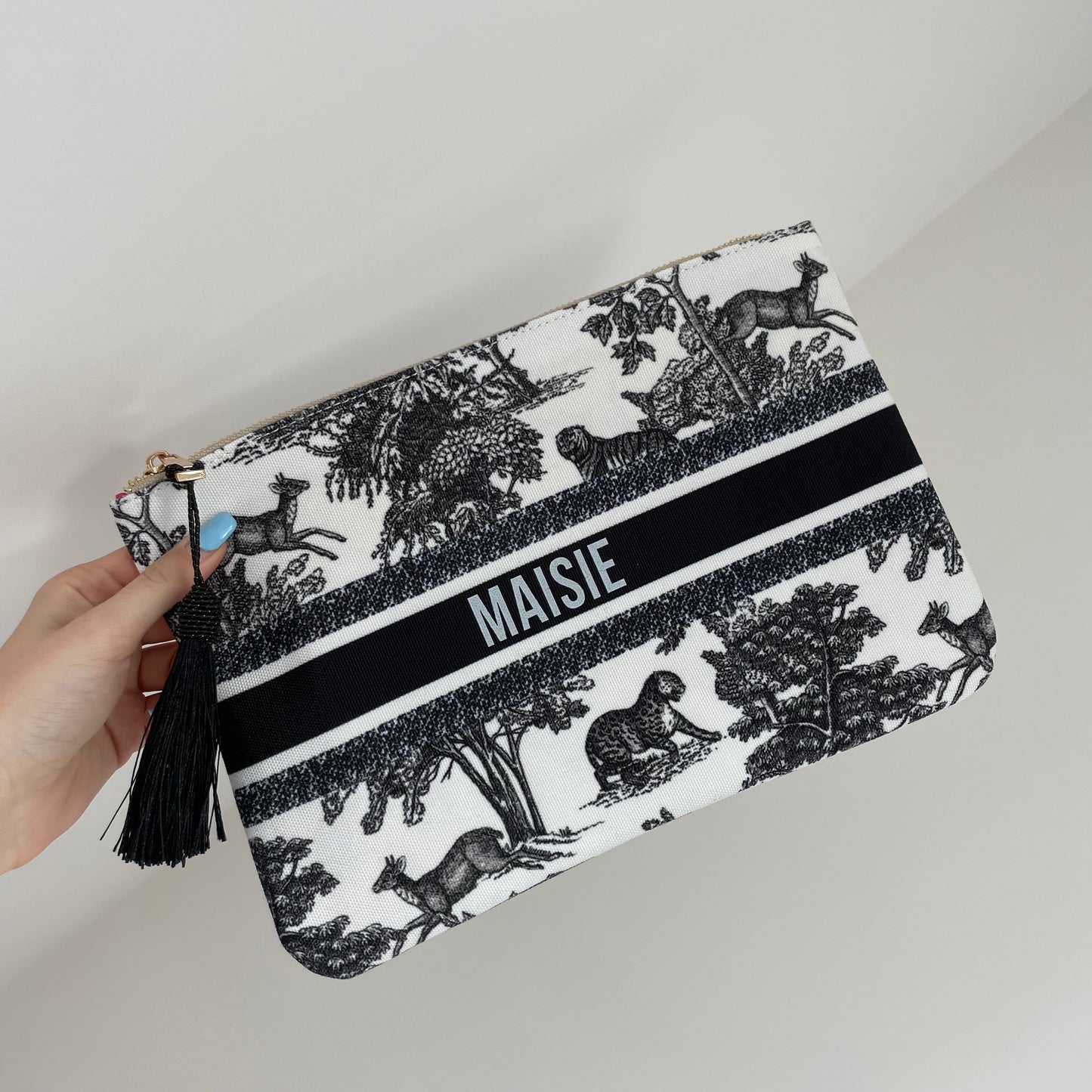 Personalised Tropical Tassel Zip Clutch Pouch