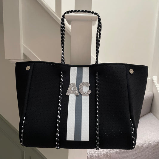 Personalised Neoprene Patch Black Stripe Tote Bag & Pouch