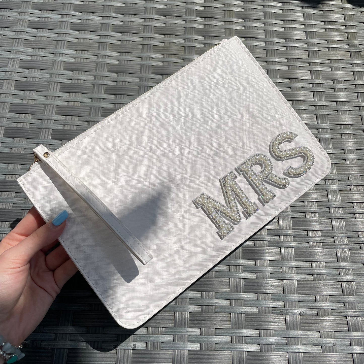 Personalised Mrs Pearl Bridal Saffiano Leather Clutch Bag Zip Pouch