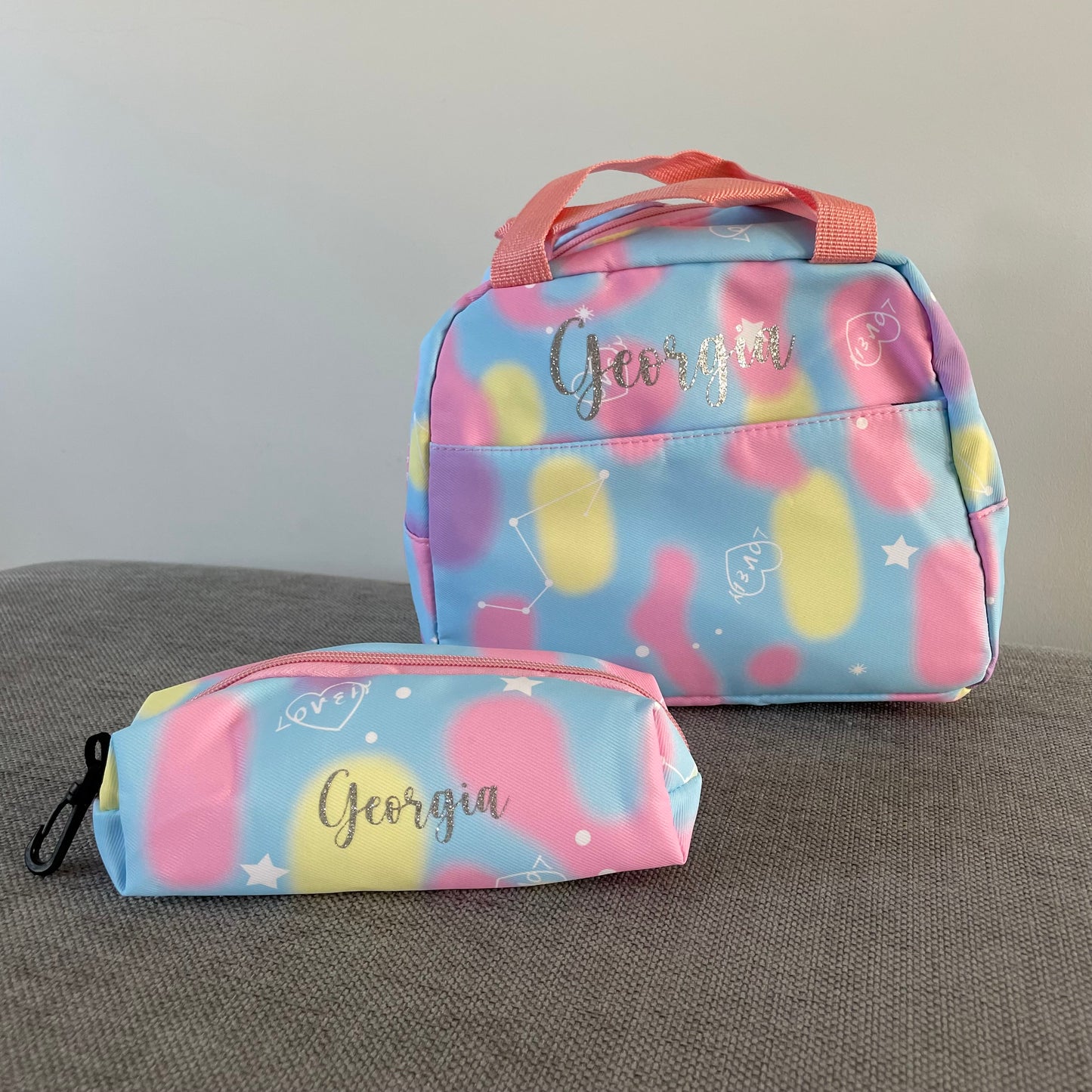 Personalised 3pcs Love Heart Pastel Backpack, Lunch bag & Pencil pouch Set